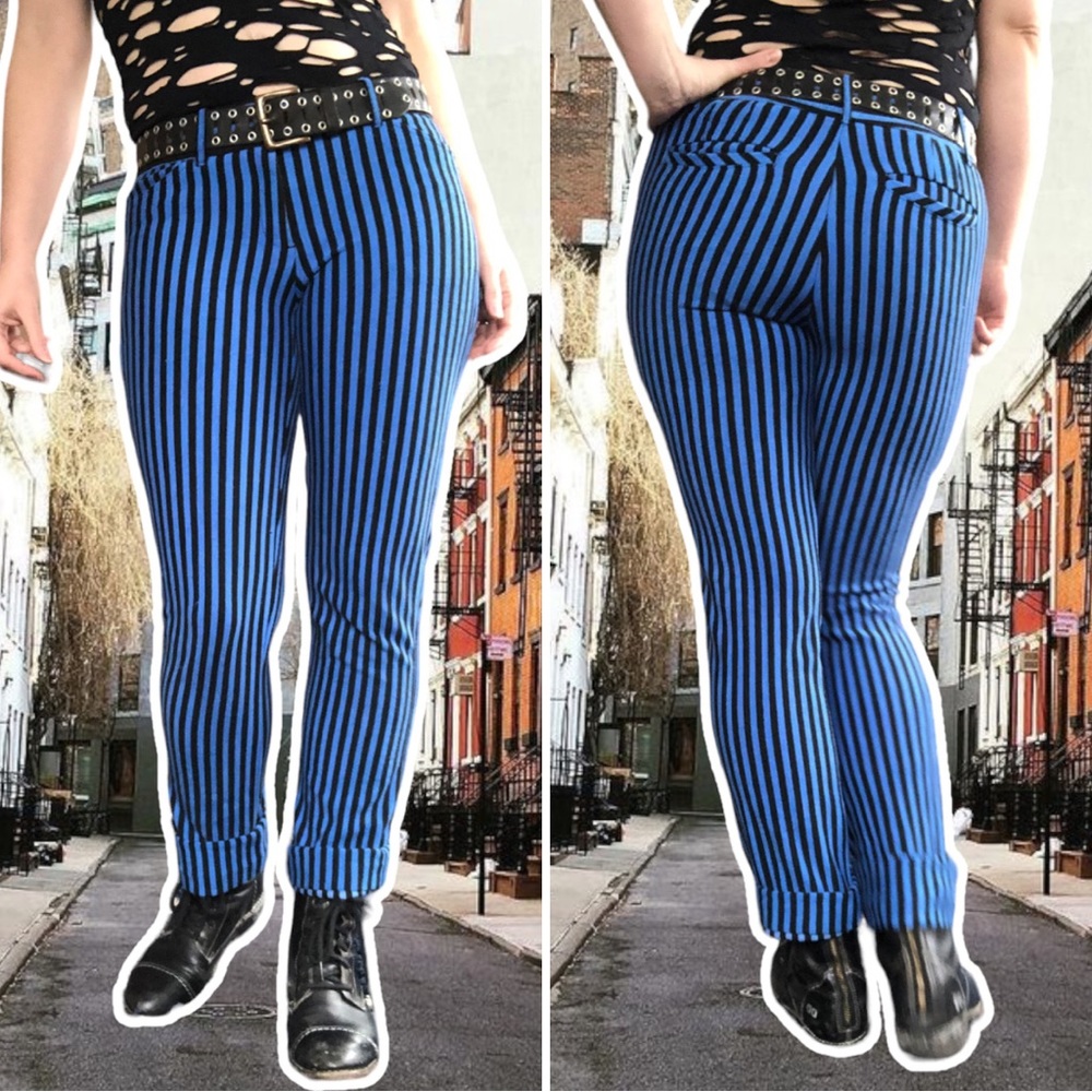 New York & Company Black and Blue Vertically Striped Slim-Leg Emo Pants, Size 4